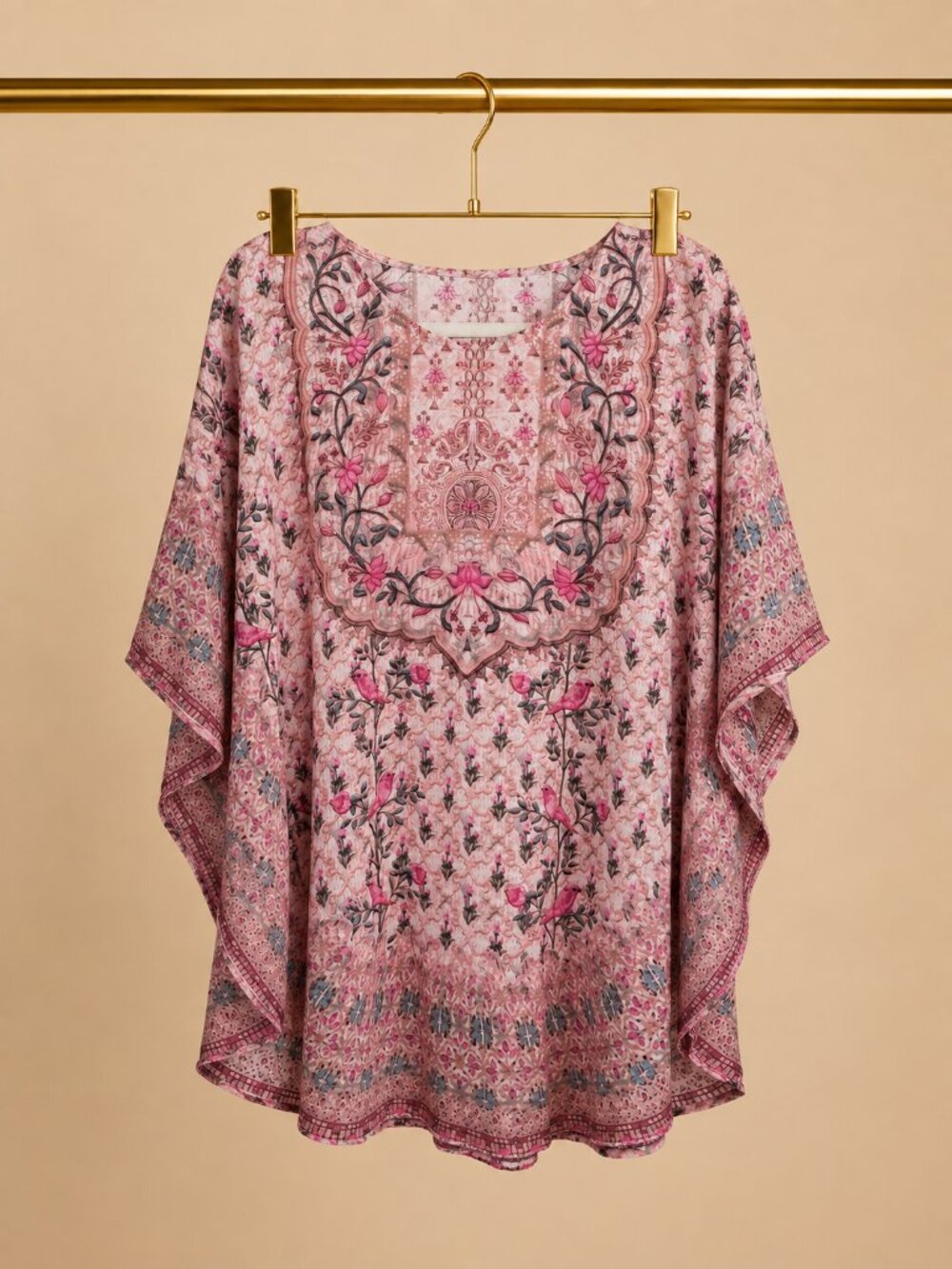 Romantic Boho Whimsical Pink Bird Floral Modal Oversize Caftan Tunic XS Tolani